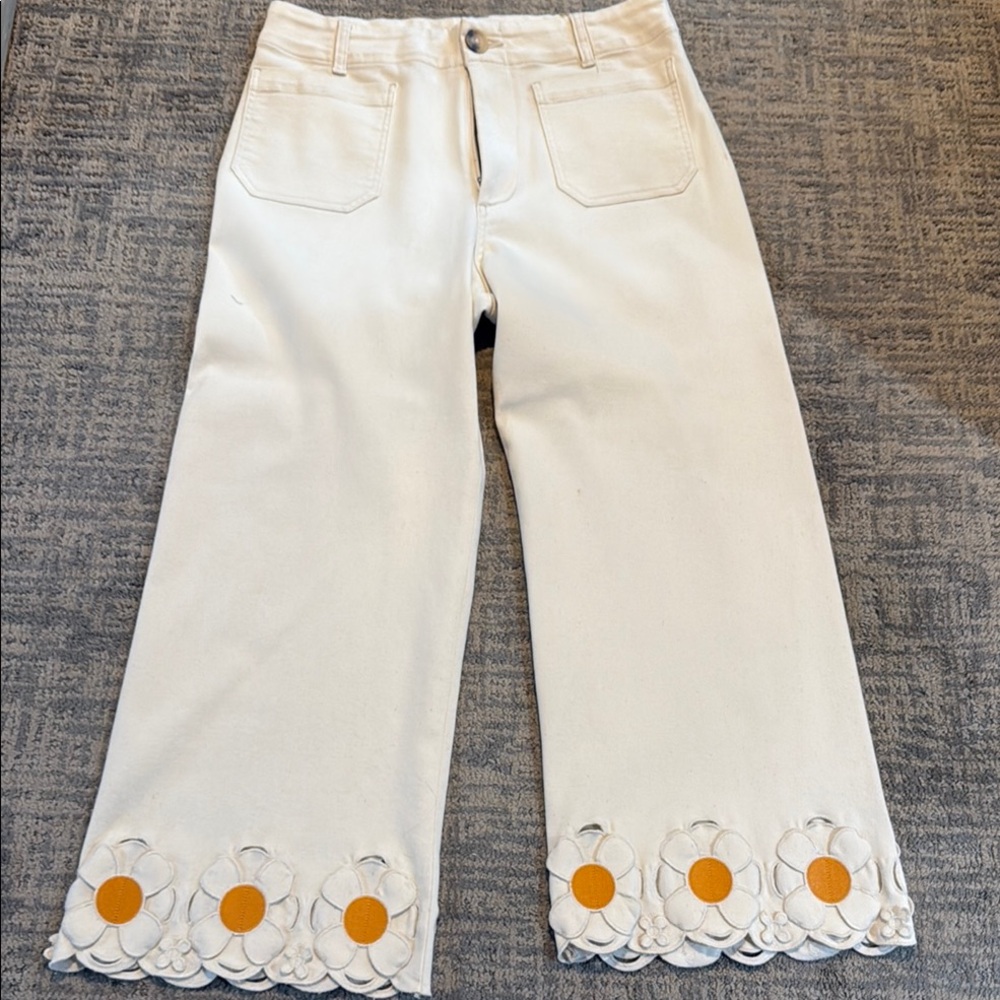 Anthropologie White Flare Wide Leg Jeans with Decorative Hem